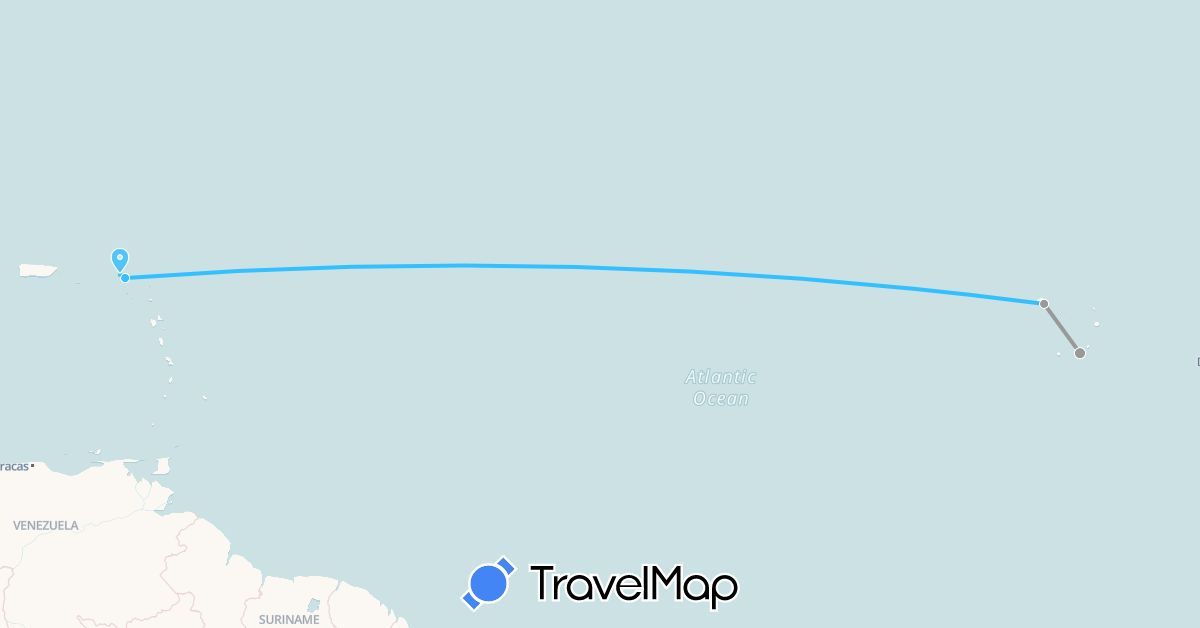 TravelMap itinerary: driving, plane, boat in Saint Barthélemy, Cape Verde, Netherlands (Africa, Europe, North America)